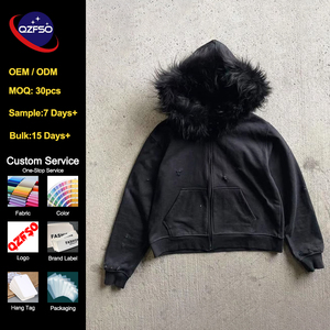 QZFSO Manufacturer Fleece Hoodie With Fur Hood Vintage Oversized Cotton